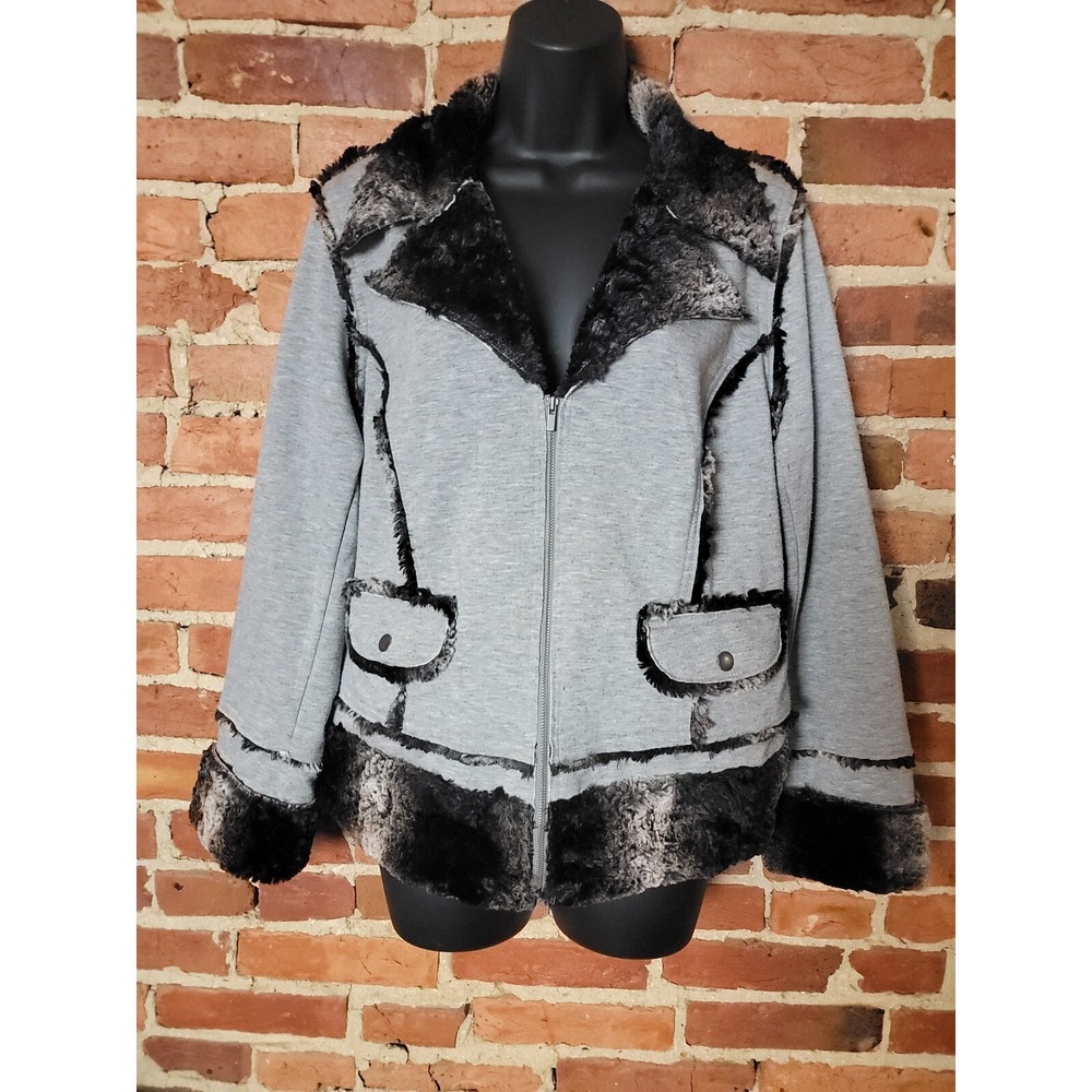 Chico's Jacket Womens 2 Gray Sherpa Chic Sheena Fleece Faux Fur Lined Full Zip